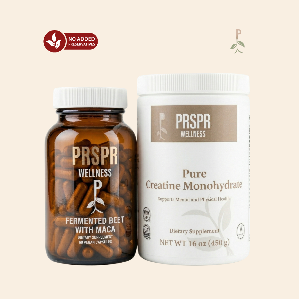 PRSPR Nature's BBL bundle: Fermented Beet with Maca capsules beside a Pure Creatine Monohydrate tub, for an article on lean body mass terms