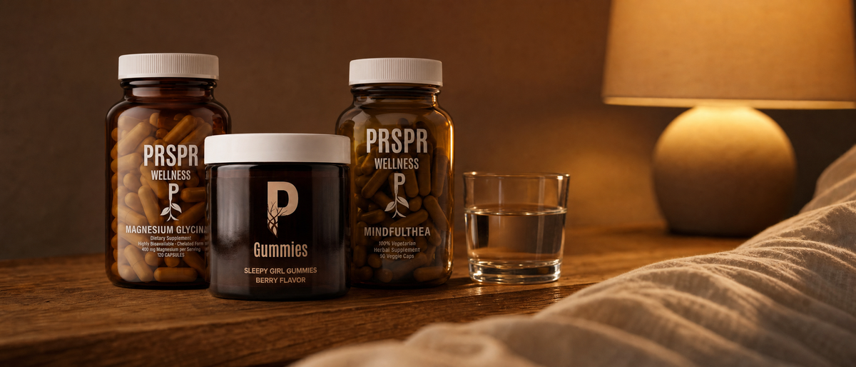 PRSPR Wellness Sleep and Recovery Stack on a bedside table at night: Magnesium Glycinate bottle, Sleepy Girl Gummies berry flavor jar, and MindfulThea bottle beside a glass of water under warm lamp light