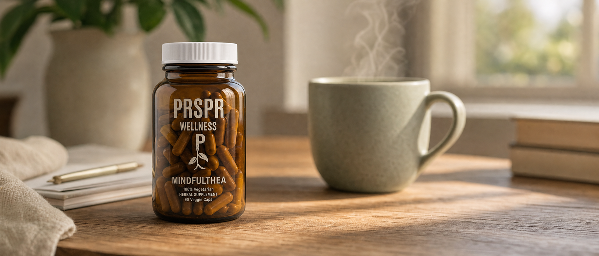 PRSPR Wellness MindfulThea L-Theanine amber bottle on a wooden desk beside a steaming mug of tea by a bright window