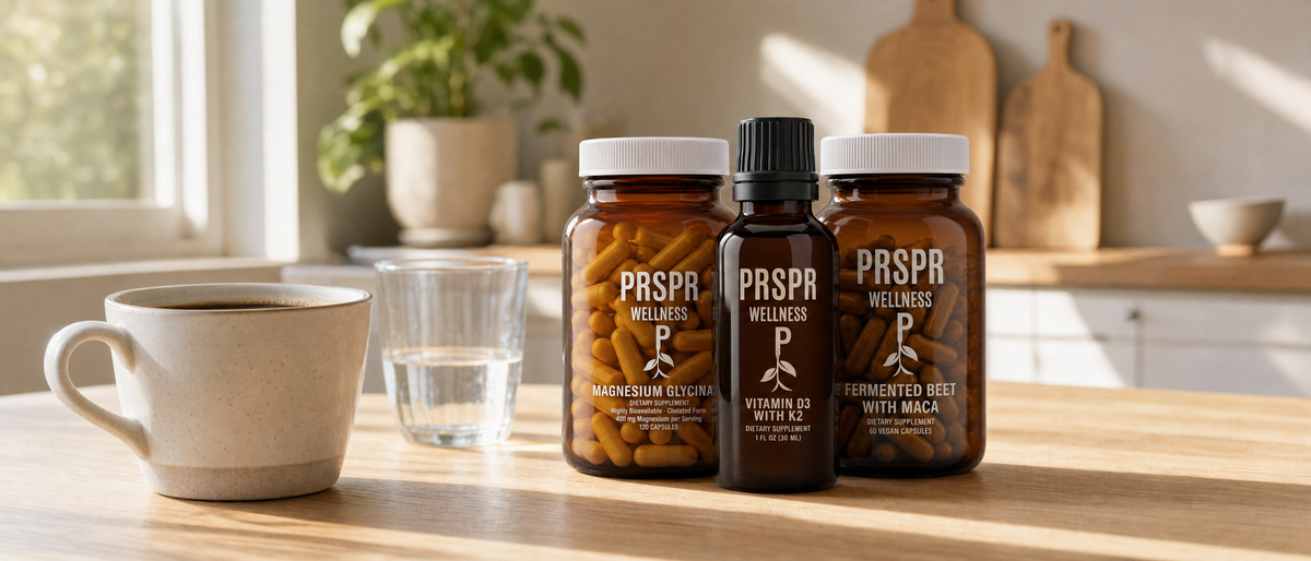 Magnesium Glycinate capsules, Vitamin D3 with K2 liquid dropper and Fermented Beet with Maca capsules on a kitchen counter