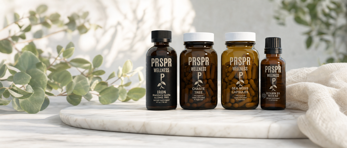 PRSPR Pre and Post Natal Bundle bottles including liquid iron and vitamin D3 with K2 on a marble surface