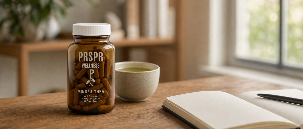 PRSPR Wellness MindfulThea L-Theanine bottle on a wooden desk beside a cup of green tea