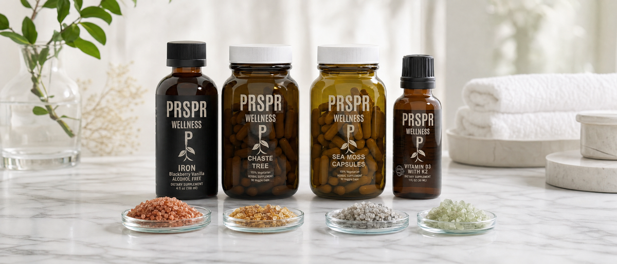 PRSPR Pre and Post Natal Bundle on a marble counter beside dishes of mineral powders