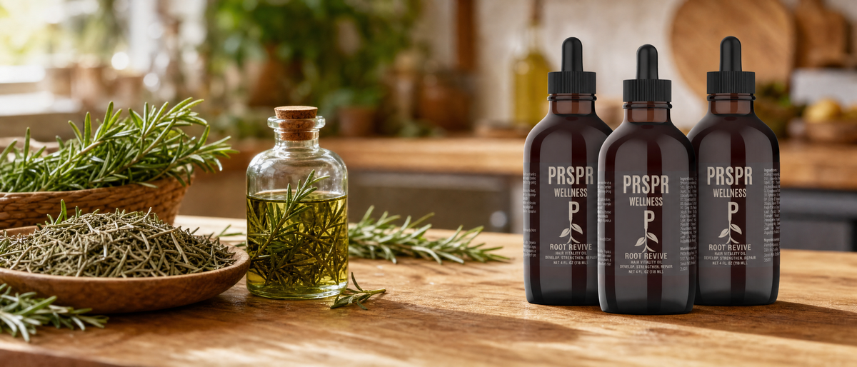 PRSPR Wellness Root Revive hair oil on a butcher block counter beside fresh rosemary sprigs and a jar of oil steeping