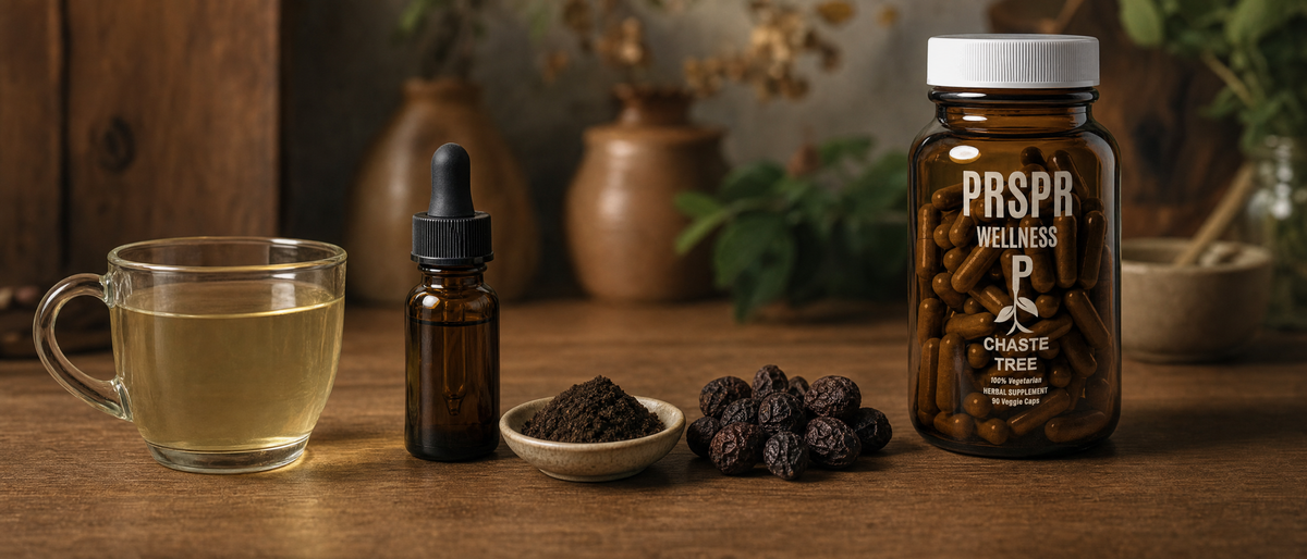 PRSPR Wellness Chaste Tree bottle on warm walnut beside a cup of herbal tea, a dropper bottle of tincture and dried berries