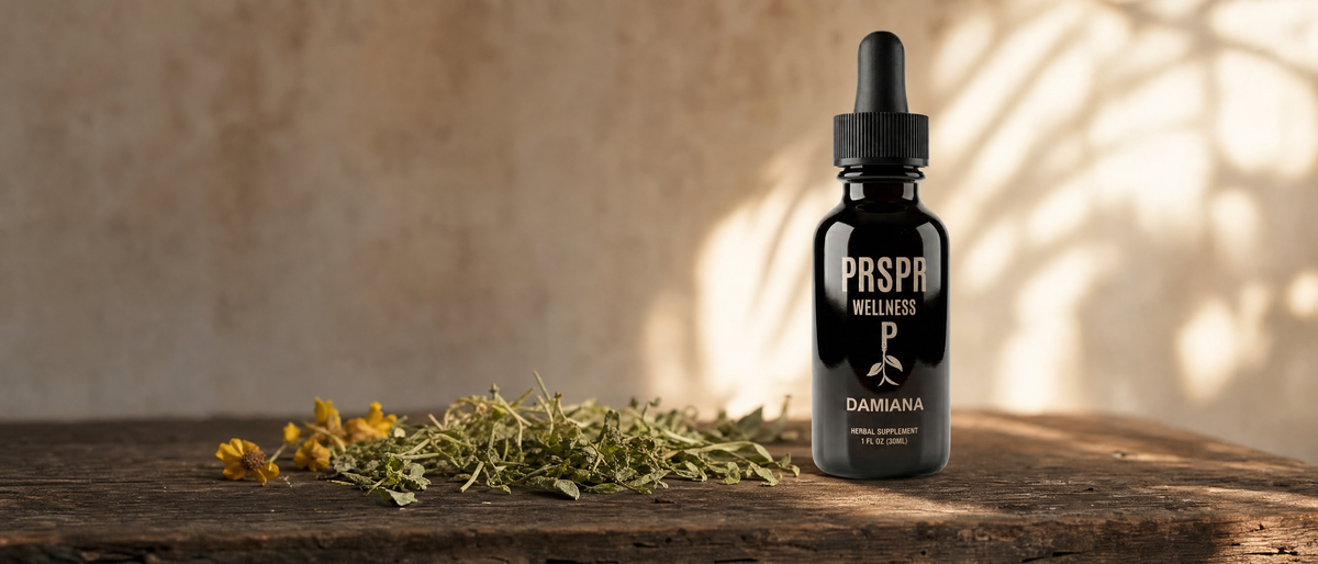 PRSPR Wellness Damiana dropper bottle on a rustic wooden table with dried leaves