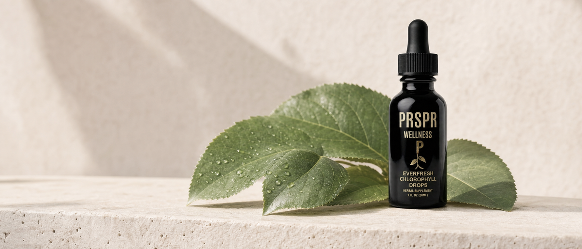 PRSPR Wellness Everfresh Chlorophyll dropper bottle beside fresh green mulberry leaves