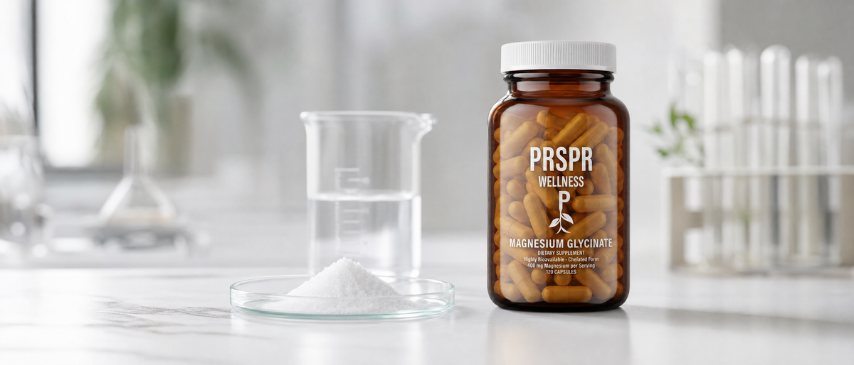 PRSPR Wellness Magnesium Glycinate bottle beside a glass dish of white crystalline powder and a lab beaker