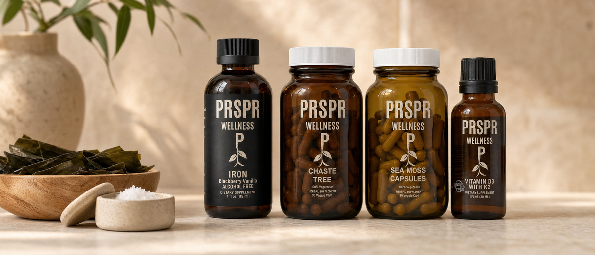 PRSPR Wellness Pre and Post Natal Bundle bottles beside a bowl of dried kelp and a small dish of salt
