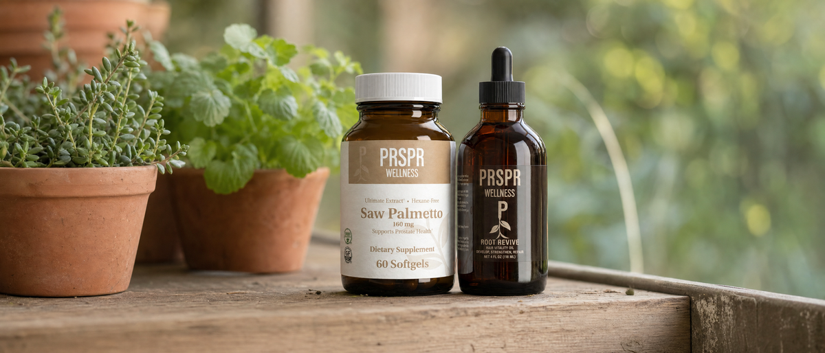PRSPR Wellness Saw Palmetto and Root Revive bottles beside potted green herbs on a wooden bench