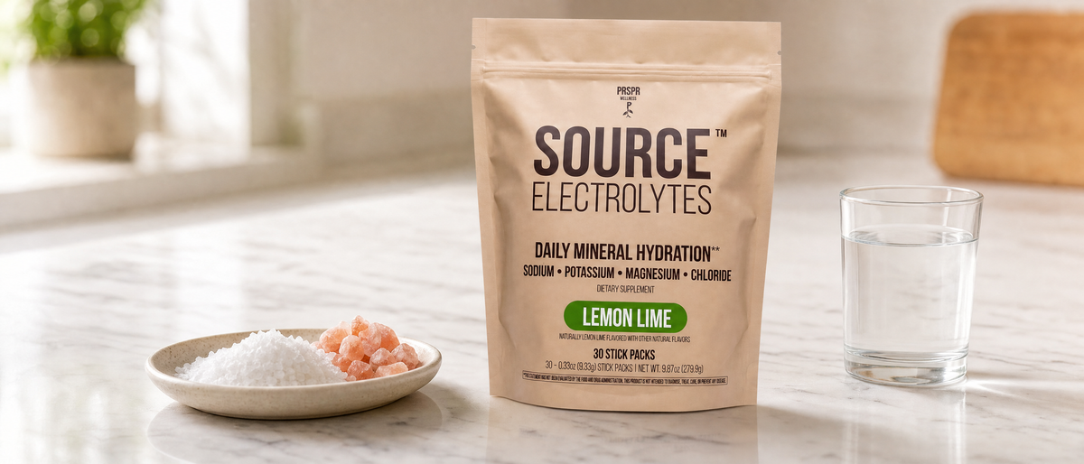 Source Electrolytes stick-pack box on a white marble counter beside coarse sea salt, pink Himalayan salt and a glass of water