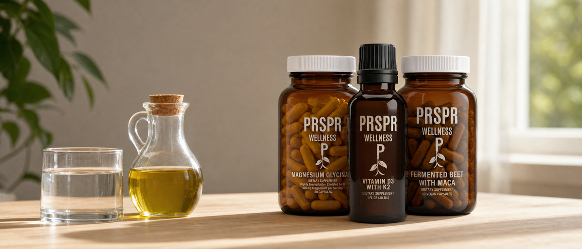 Three Wellness Foundation Stack bottles on an oak table beside a glass of water and a small cruet of olive oil