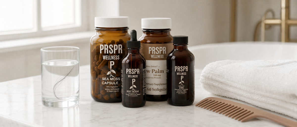 Hair Renewal Protocol bundle products on a bathroom vanity beside a glass of water with a single hair strand floating in it
