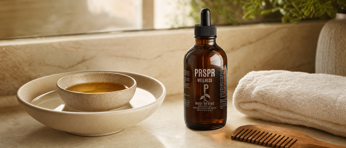 Root Revive Hair Growth Oil bottle beside a small bowl of oil set in a larger bowl of warm water, with a folded towel and a wide-tooth comb