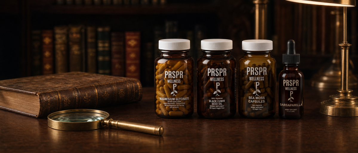 Inflammation Reset Stack bottles of Magnesium Glycinate, Black Cumin Seed Oil, Sea Moss Capsules and Sarsaparilla on a library desk beside an antique book and a magnifying glass