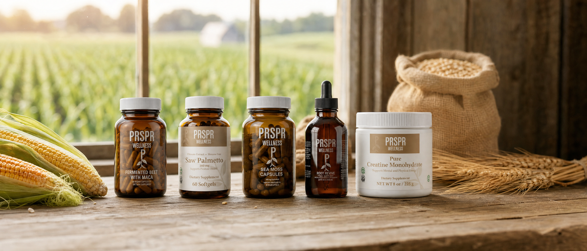 Men's Vitality Bundle products on a farmhouse table beside ears of field corn, a burlap sack of grain and wheat, with a cornfield through the window