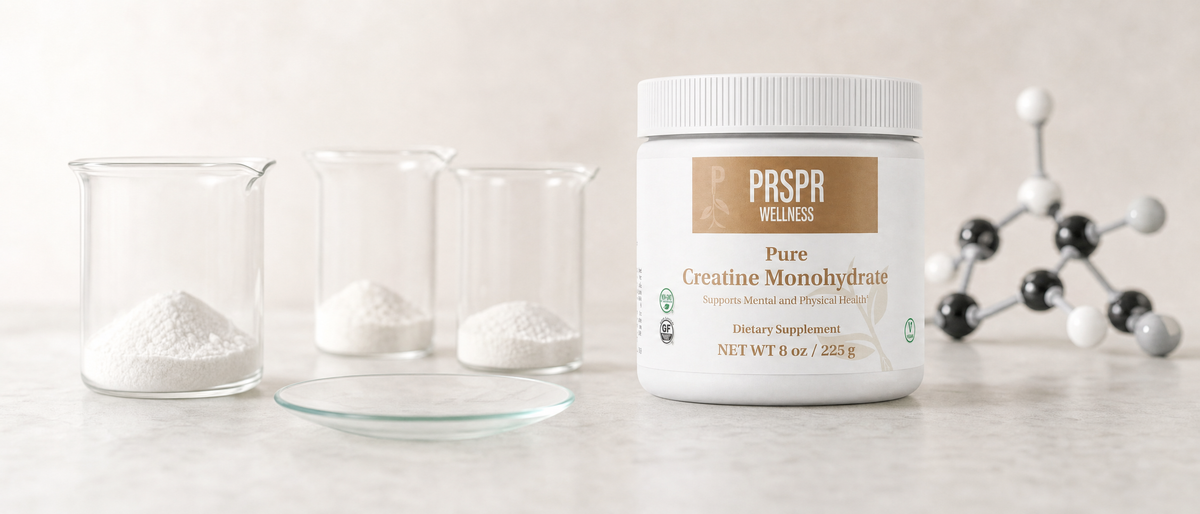 Pure Creatine Monohydrate tub on a stone lab bench beside glass beakers of white powder and a ball-and-stick molecular model