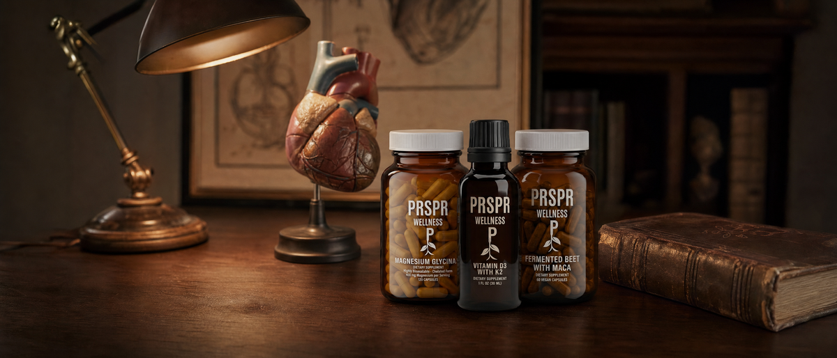 Wellness Foundation Stack bottles on a walnut desk beside a vintage anatomical heart model and an antique anatomy book