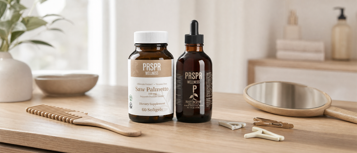 Hair Harmony Kit, Saw Palmetto capsules and Root Revive hair oil, on a salon counter beside a wooden comb, hair clips and a hand mirror