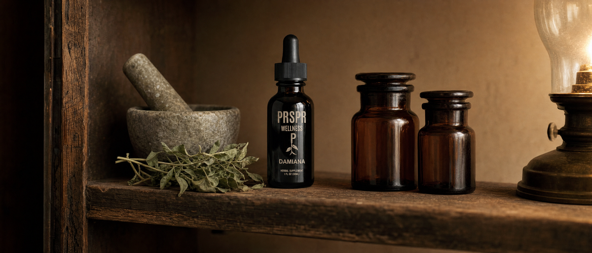 PRSPR Damiana dropper bottle on an apothecary shelf beside a stone mortar and pestle, dried leaves and plain amber jars
