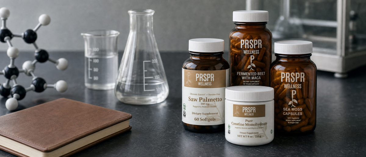 Men's Essentials stack of four supplements on a slate lab bench beside a molecular model, glass beakers and a leather notebook
