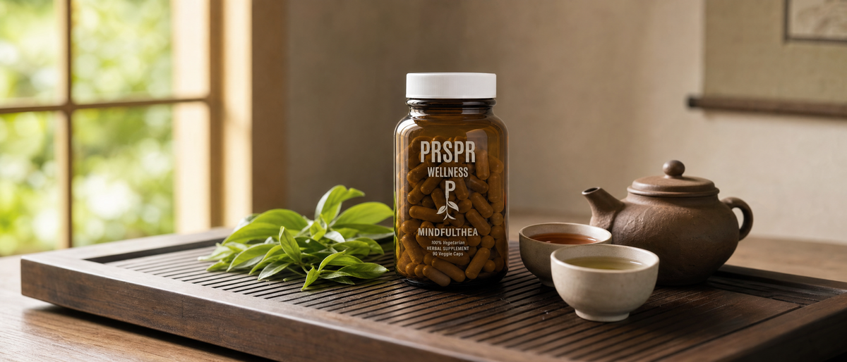 PRSPR MindfulThea jar on a wooden tea tray beside fresh Camellia sinensis tea leaves, cups of green and black tea and a clay teapot