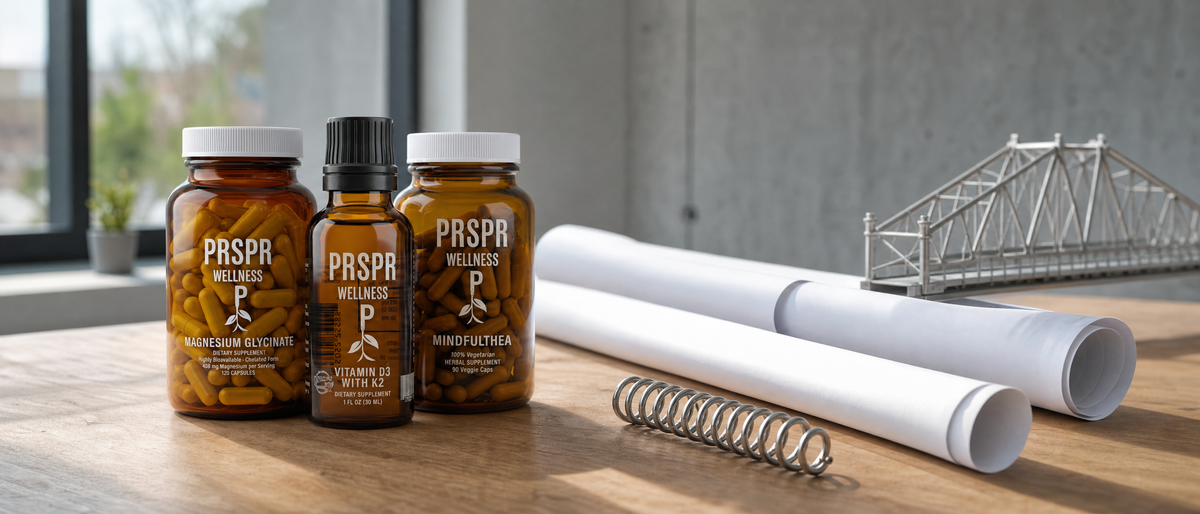 PRSPR Magnesium Glycinate, Vitamin D3 with K2 and MindfulThea bottles on a drafting table beside rolled drawings, a steel spring and a truss bridge model
