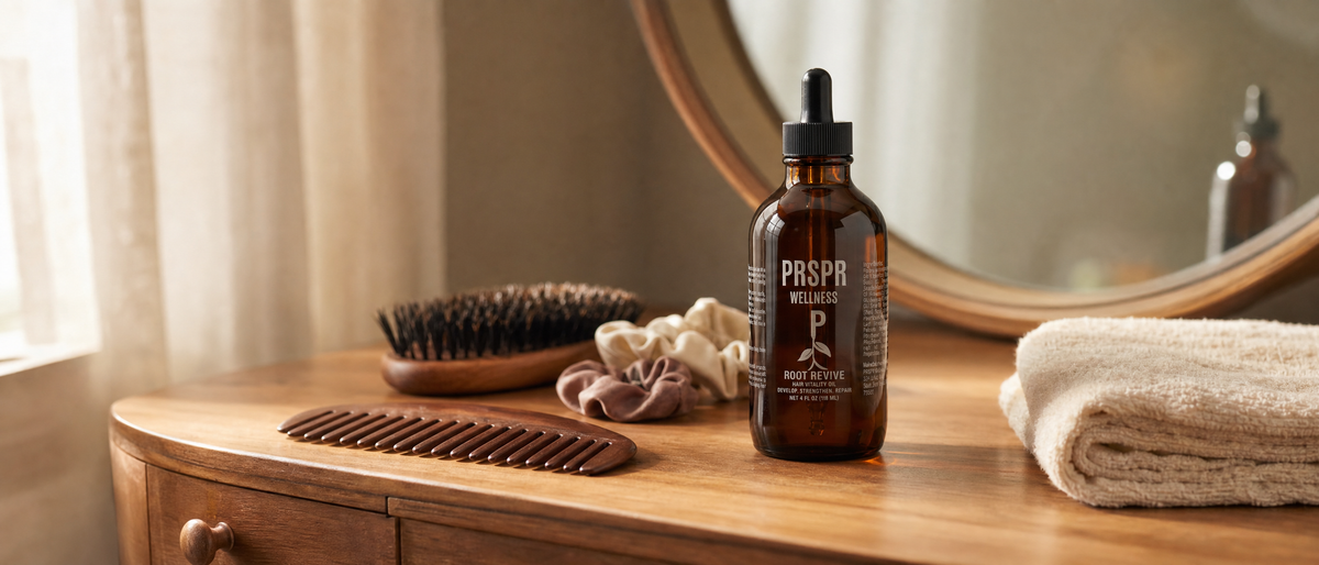 PRSPR Root Revive hair oil bottle on a wooden vanity beside a wide-tooth comb, a bristle brush and silk hair ties