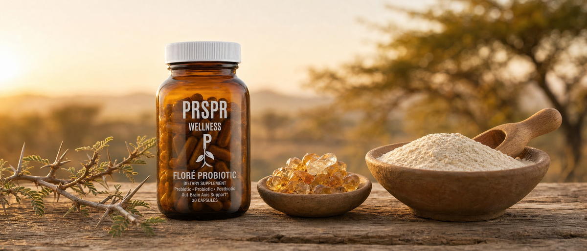 PRSPR FLORÉ Probiotic jar beside a bowl of acacia gum tears, a bowl of acacia fiber powder and a thorny acacia branch