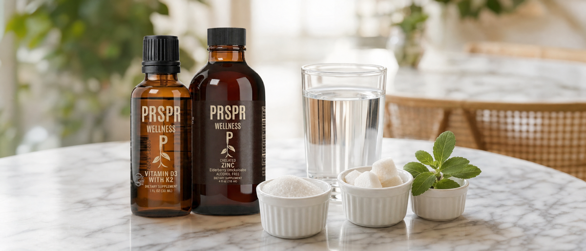 PRSPR Vitamin D3 with K2 and Chelated Zinc bottles from the Adult Immunity Bundle beside small bowls of sweetener, sugar cubes and stevia leaves