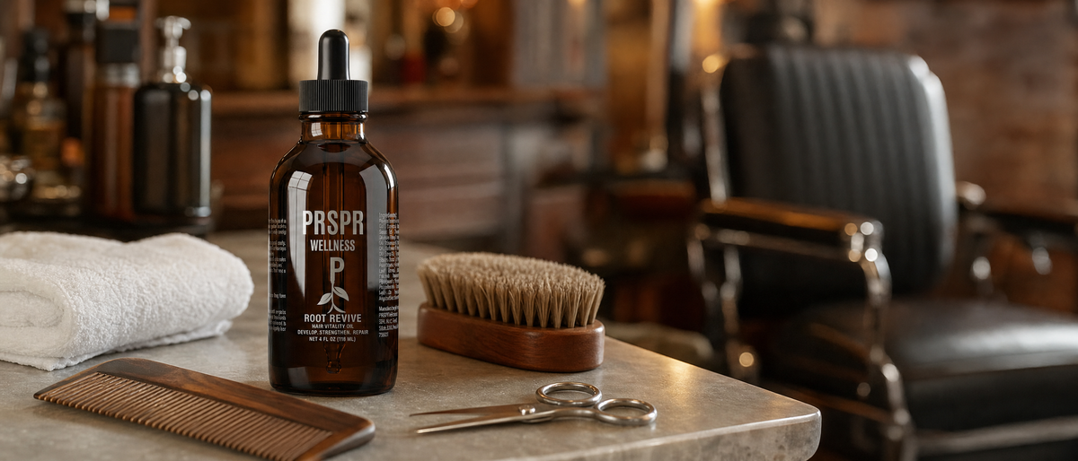 PRSPR Root Revive oil from the Men's Vitality Bundle on a barber station beside a beard comb, beard brush and barber scissors