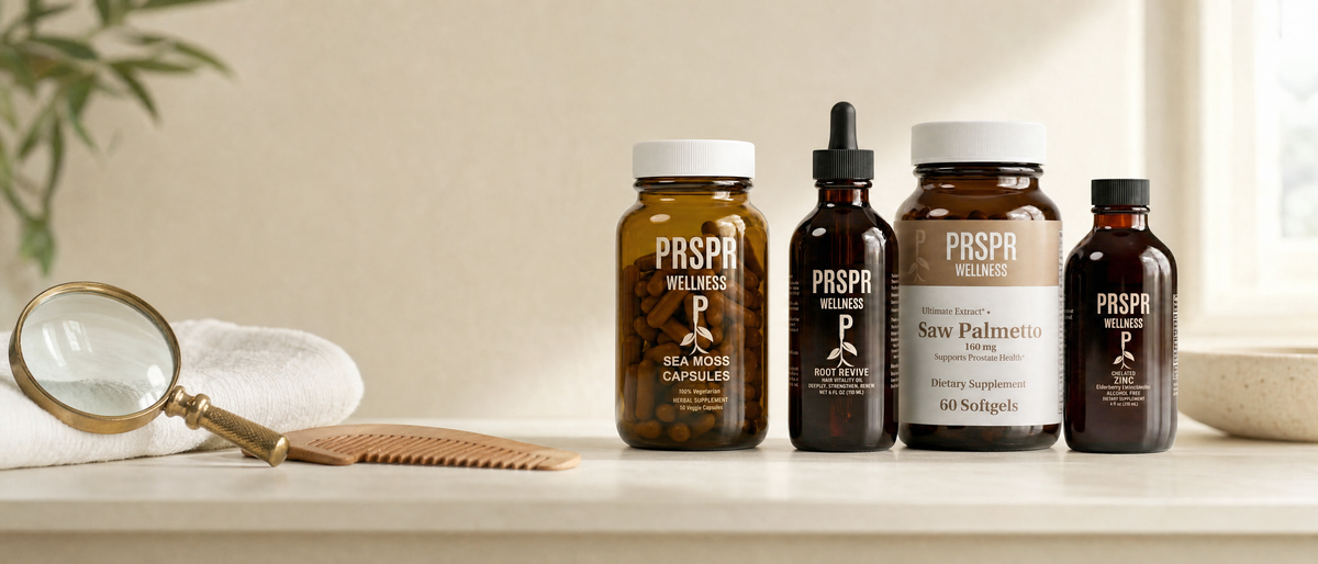 PRSPR Hair Renewal Protocol bundle bottles in a row beside a brass magnifying glass and a wooden comb