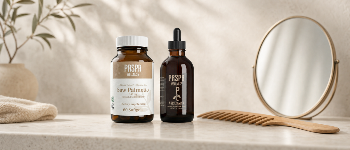 PRSPR Hair Harmony Kit: Saw Palmetto and Root Revive hair oil on a stone vanity beside a wooden comb and a round brass mirror