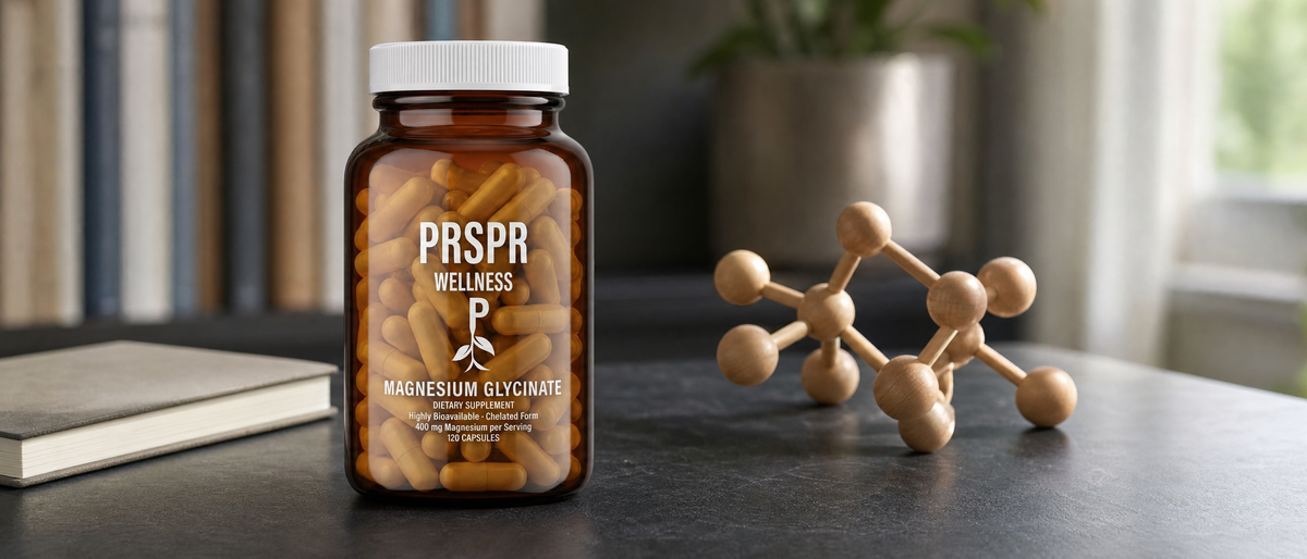 PRSPR Magnesium Glycinate bottle on a slate desk beside a wooden ball-and-stick molecular model and a closed notebook, for an article on glycinate and bisglycinate naming