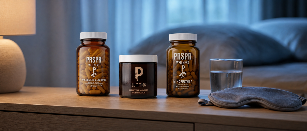 PRSPR Wellness Magnesium Glycinate, Sleepy Girl Gummies and MindfulThea jars on a bedside table at night beside a sleep mask and a glass of water