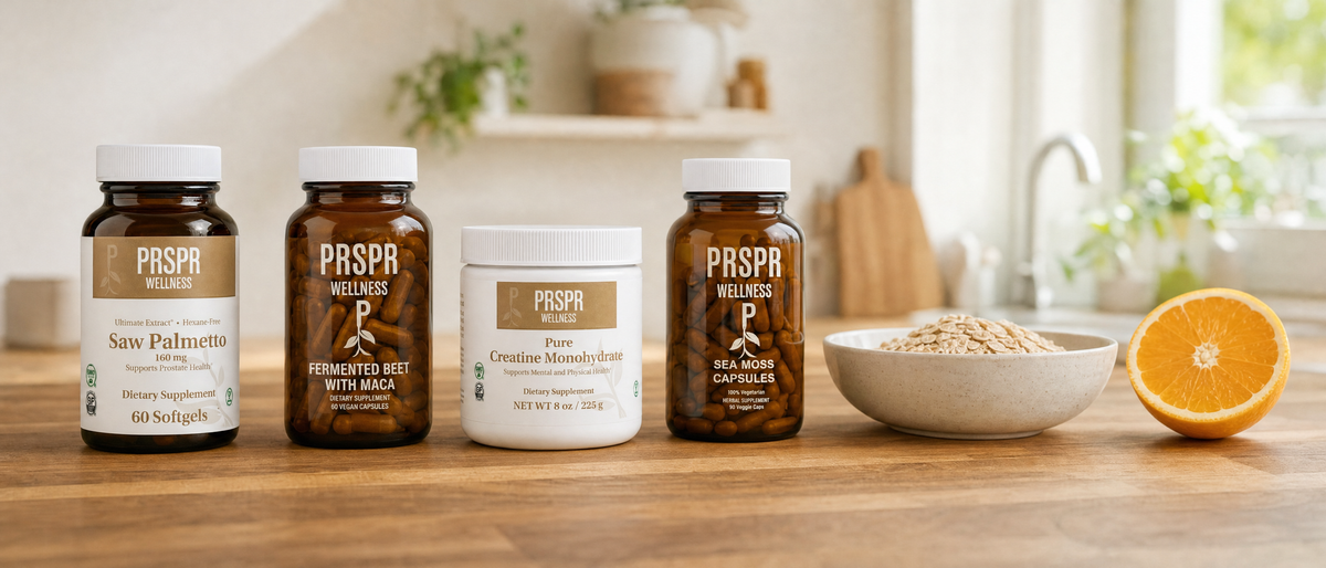 PRSPR Wellness Saw Palmetto, Fermented Beet with Maca, Pure Creatine Monohydrate and Sea Moss Capsules containers on a wooden kitchen counter with oats and a halved orange
