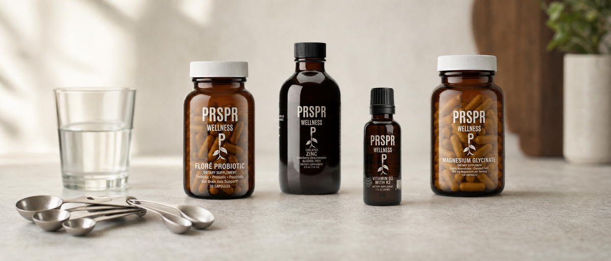 Four PRSPR Wellness supplements from the Seasonal Wellness Stack on a stone counter beside stainless measuring spoons and a glass of water