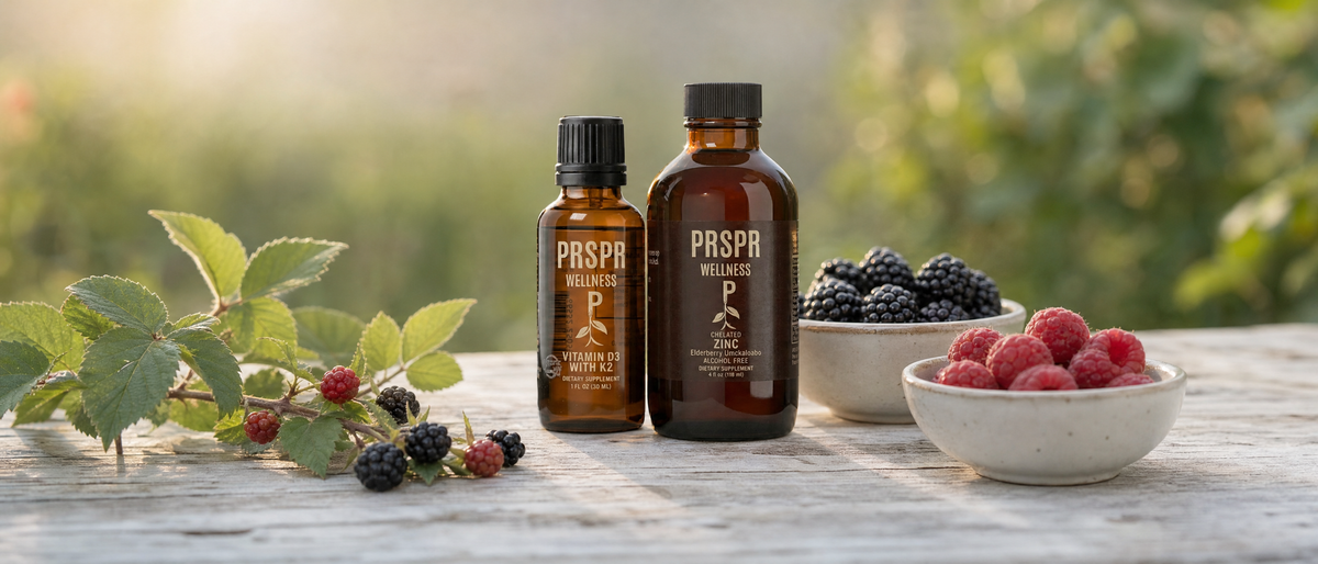 PRSPR Wellness Vitamin D3 with K2 and Chelated Zinc amber bottles on a weathered garden table beside bowls of blackberries and raspberries and a bramble cane with ripening black berries.