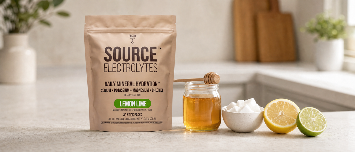 PRSPR Wellness Source Electrolytes Lemon Lime pouch on a kitchen counter beside a jar of honey, a bowl of sugar cubes and a halved lemon and lime.
