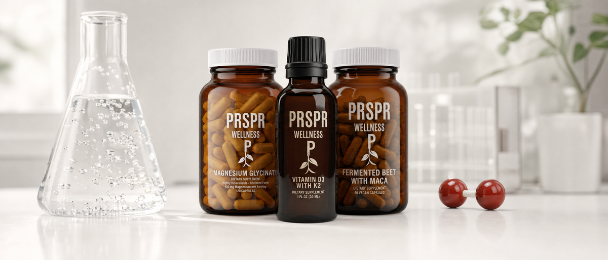PRSPR Wellness Magnesium Glycinate, Vitamin D3 with K2 and Fermented Beet with Maca bottles on a white lab bench beside a flask of bubbling water and a red two-sphere oxygen molecule model.