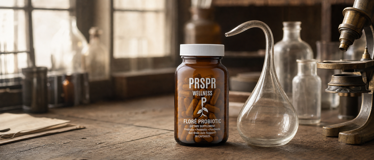 FLORÉ Probiotic amber capsule bottle on an old wooden laboratory bench beside a glass swan-neck flask, plain glass bottles and a small brass microscope