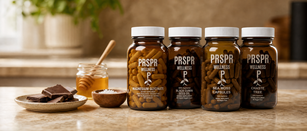 Four PRSPR Wellness bottles on a marble kitchen counter beside a plate of broken dark chocolate, a bowl of flaky sea salt and a small jar of honey