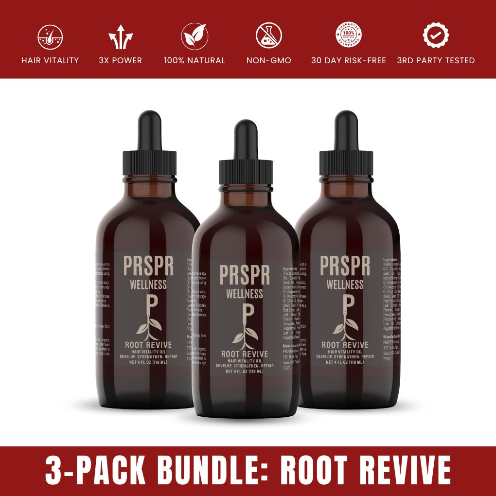 Three bottles of PRSPR Root Revive hair oil, the 3-pack bundle, for an article on Ricinus communis and castor oil label words