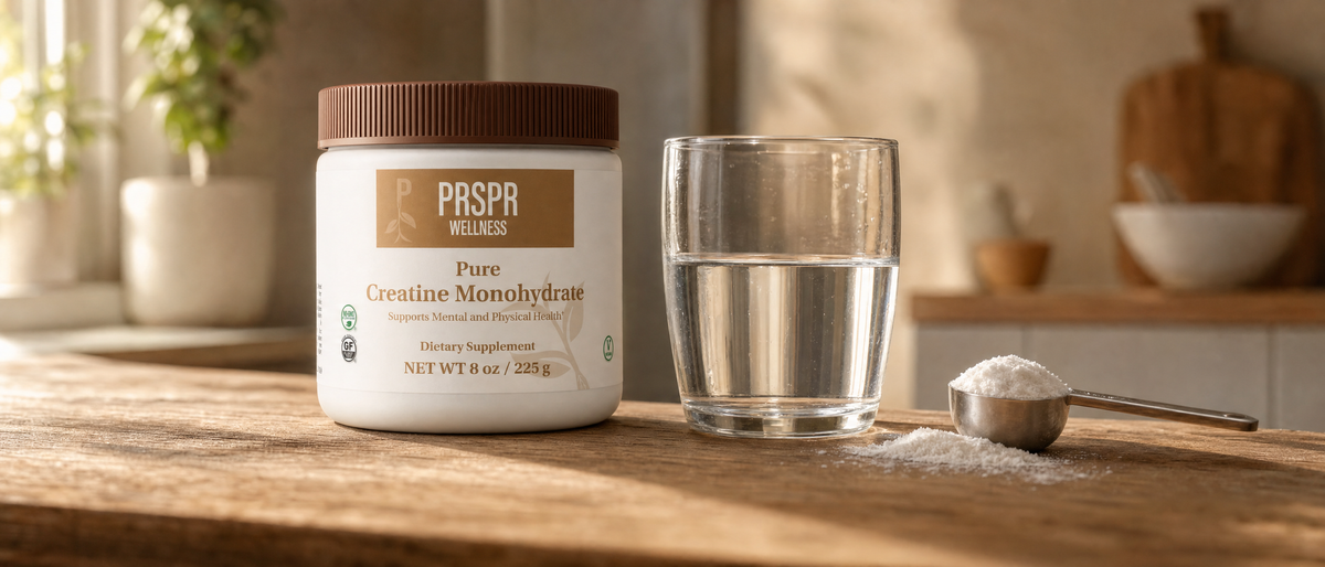 PRSPR Wellness Pure Creatine Monohydrate tub on a warm kitchen counter beside a glass of water and a scoop of creatine powder