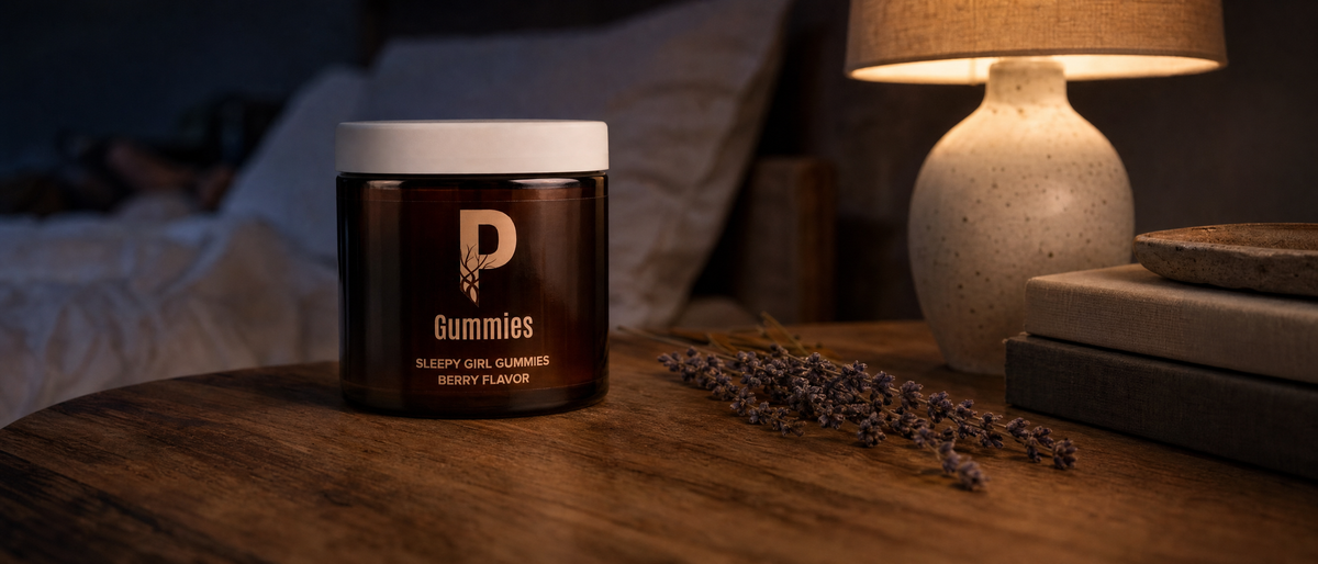 PRSPR Wellness Sleepy Girl Gummies berry flavor jar on a nighttime bedside table beside a lit lamp and dried lavender