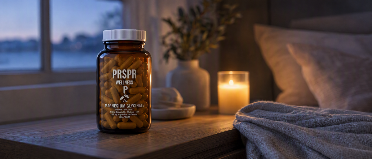 PRSPR Wellness Magnesium Glycinate amber bottle on a wooden nightstand at dusk beside a lit candle