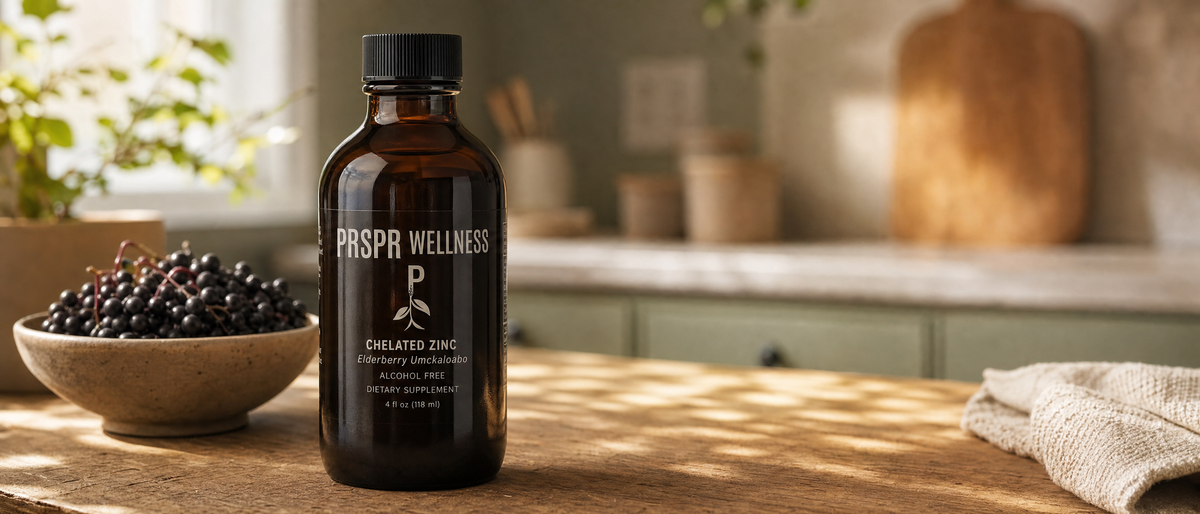 PRSPR Wellness Chelated Zinc with Elderberry liquid bottle on a kitchen counter beside a bowl of dark elderberries in warm light