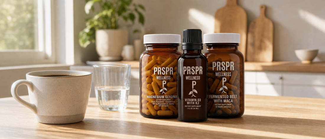 Magnesium Glycinate capsules, Vitamin D3 with K2 liquid dropper and Fermented Beet with Maca capsules on a kitchen counter