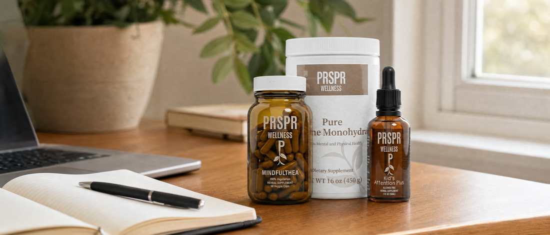 MindfulThea capsules, Pure Creatine Monohydrate tub and Attention Plus dropper bottle on a wooden desk