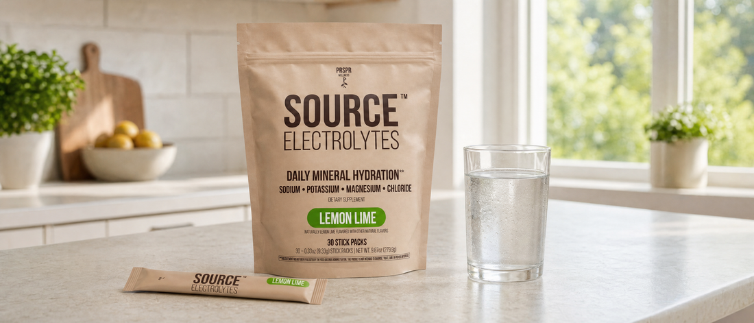 Source Electrolytes stick pack pouch beside a single stick and a glass of water on a kitchen counter
